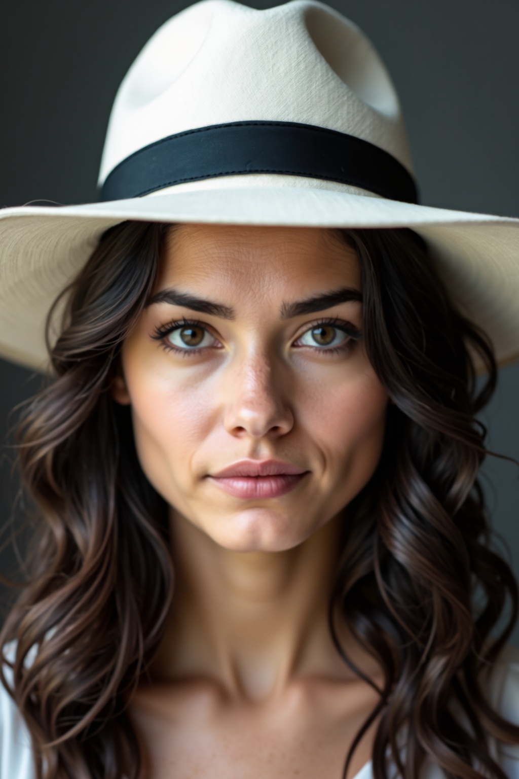 Photograph,  face,  a portrait of a young woman wearing a white hat. The hat is wide-brimmed and has a black band around t...