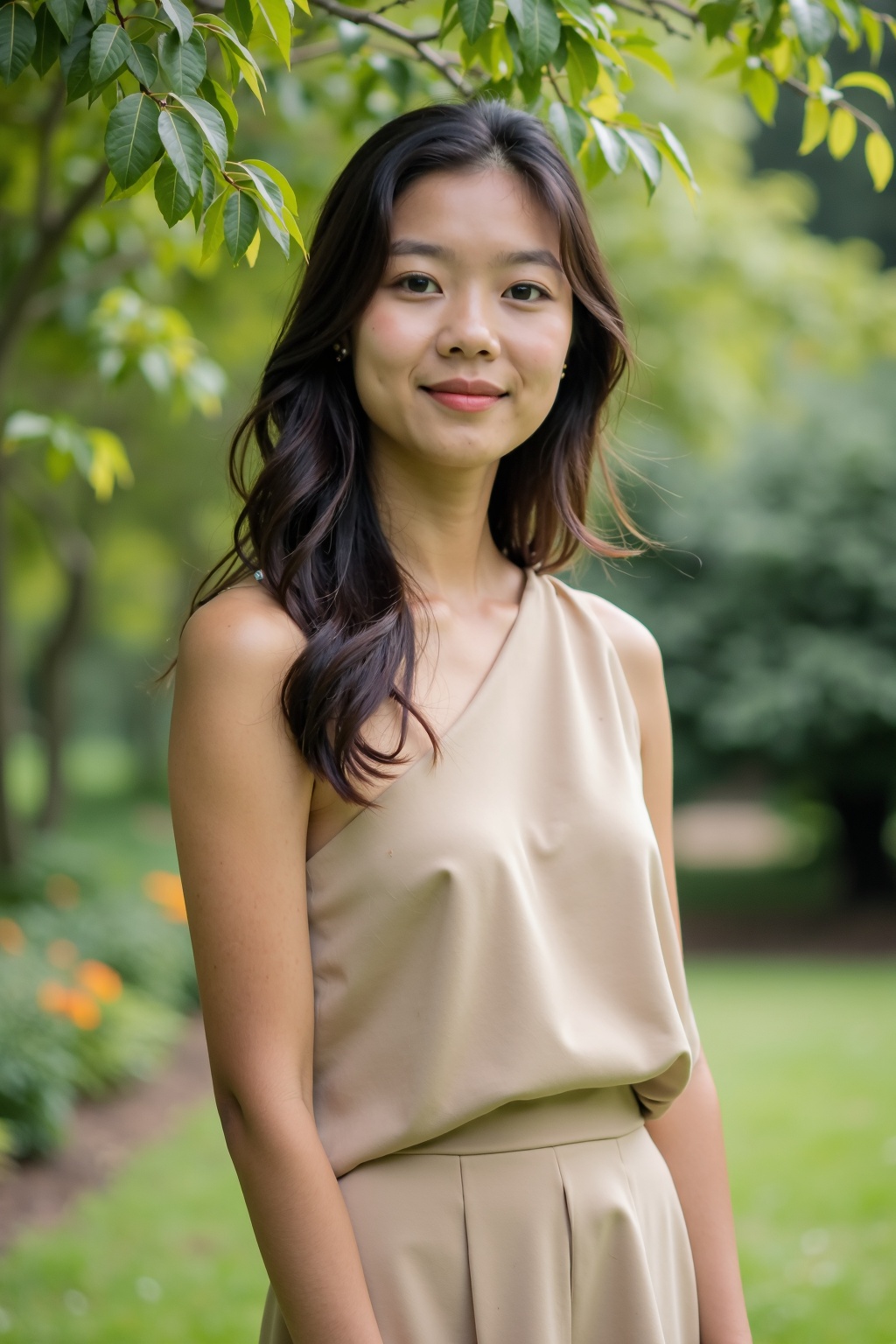 Photograph,  face,  a portrait of a young woman standing in a garden. She is wearing a beige one-shoulder dress and her ha...