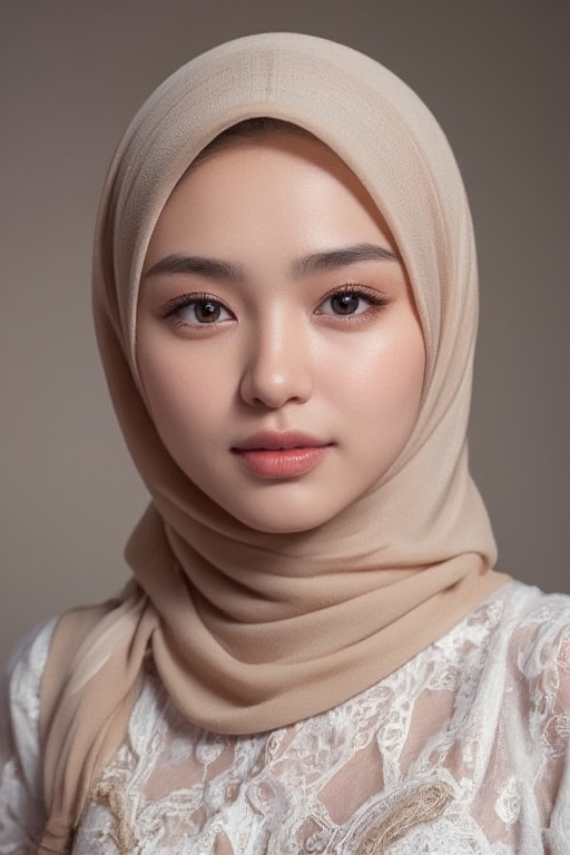 Extremely close up portrait of a young Malay woman with long hijab cover chest. Her eyes are a piercing hazel eyes,  and h...