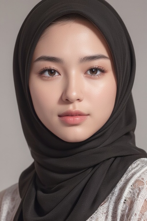 Extremely close up portrait of a young Malay woman with long hijab cover chest. Her eyes are a piercing hazel eyes,  and h...