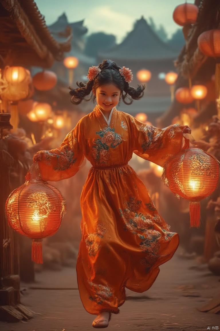 With a mischievous grin, a girl dons a vibrant orange Hanfu, its fabric adorned with peonies and butterflies. Her hair is a rich chestnut, styled in twin braids that frame her face and are tied with red ribbons. She is playfully jumping, one leg bent at the knee, as if mid-leap in a dance. In her hands, she holds a pair of Chinese lanterns, their warm light reflecting off her joyful expression. The setting is a bustling marketplace at dusk, with vendors and lanterns creating a lively scene.,YT Chinese style old movie style