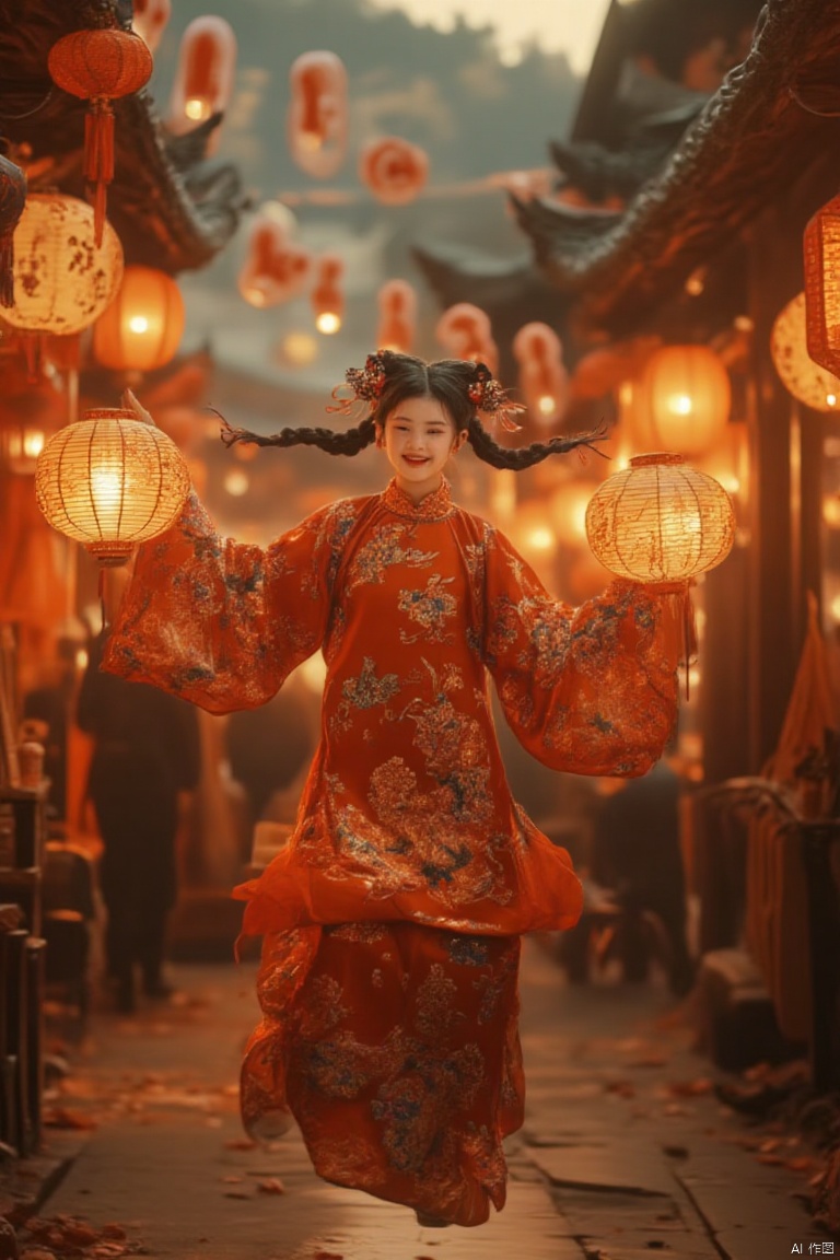 With a mischievous grin, a girl dons a vibrant orange Hanfu, its fabric adorned with peonies and butterflies. Her hair is a rich chestnut, styled in twin braids that frame her face and are tied with red ribbons. She is playfully jumping, one leg bent at the knee, as if mid-leap in a dance. In her hands, she holds a pair of Chinese lanterns, their warm light reflecting off her joyful expression. The setting is a bustling marketplace at dusk, with vendors and lanterns creating a lively scene.,YT Chinese style old movie style