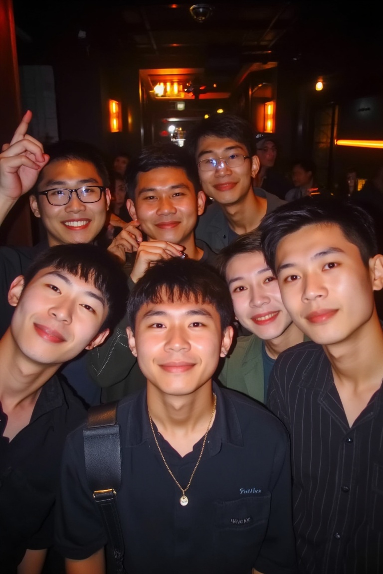 a group of Asian male tenages taking picture at the nightclub,  NIGHTPORTRAIT on Tensor.Art