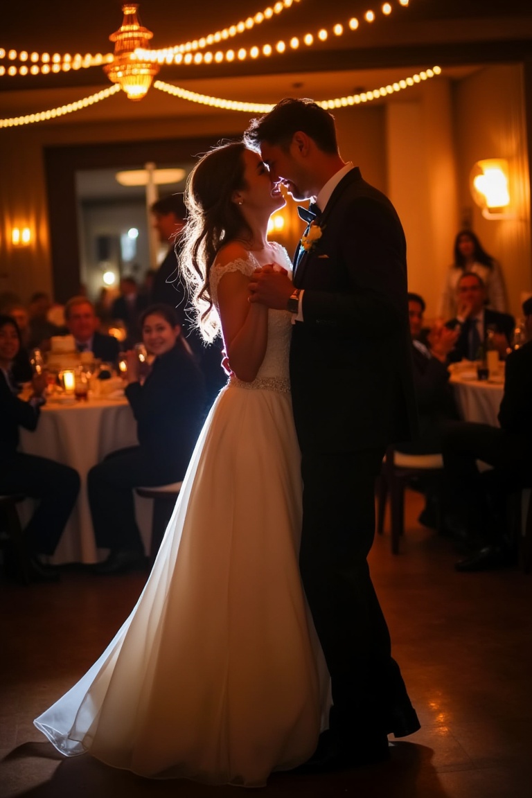 A slow-shutter NIGHTPORTRAIT of a radiant bride and groom entwined in a romantic dance,  surrounded by twinkling lights an...