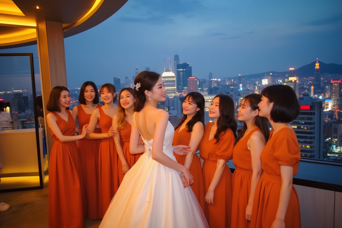A stunning happy face Korean bride and ten of her radiant bridesmaids pose elegantly on the rooftop of the grand wedding h...