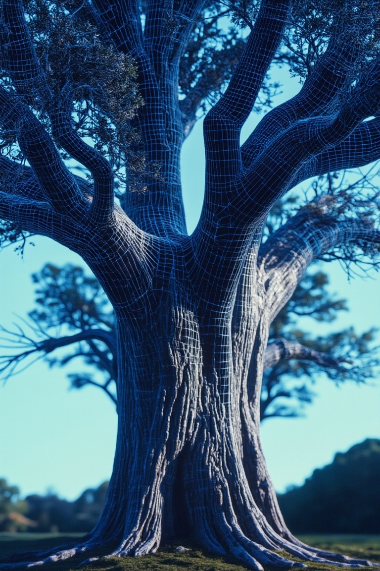 A digital wireframe rendering of a massive tree,  towering majestically against a minimalist background. The tree's intric...