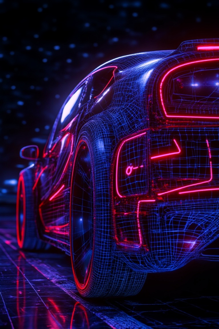A digital wireframe rendering of a modern building,  illuminated at night with a vibrant red glow. The building's sleek,...