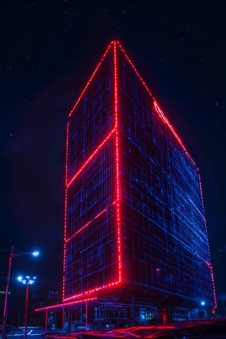 A digital wireframe rendering of a sleek modern building,  illuminated at night with a vibrant red glow. The building's an...