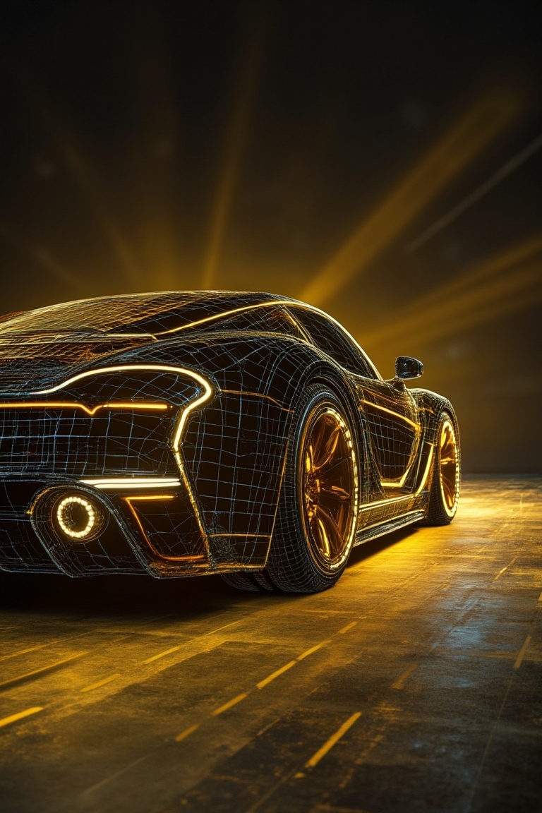 A digital wireframe rendering of a sleek luxury car,  bathed in a soft yellow glow. The car is positioned at an angle,  sh...