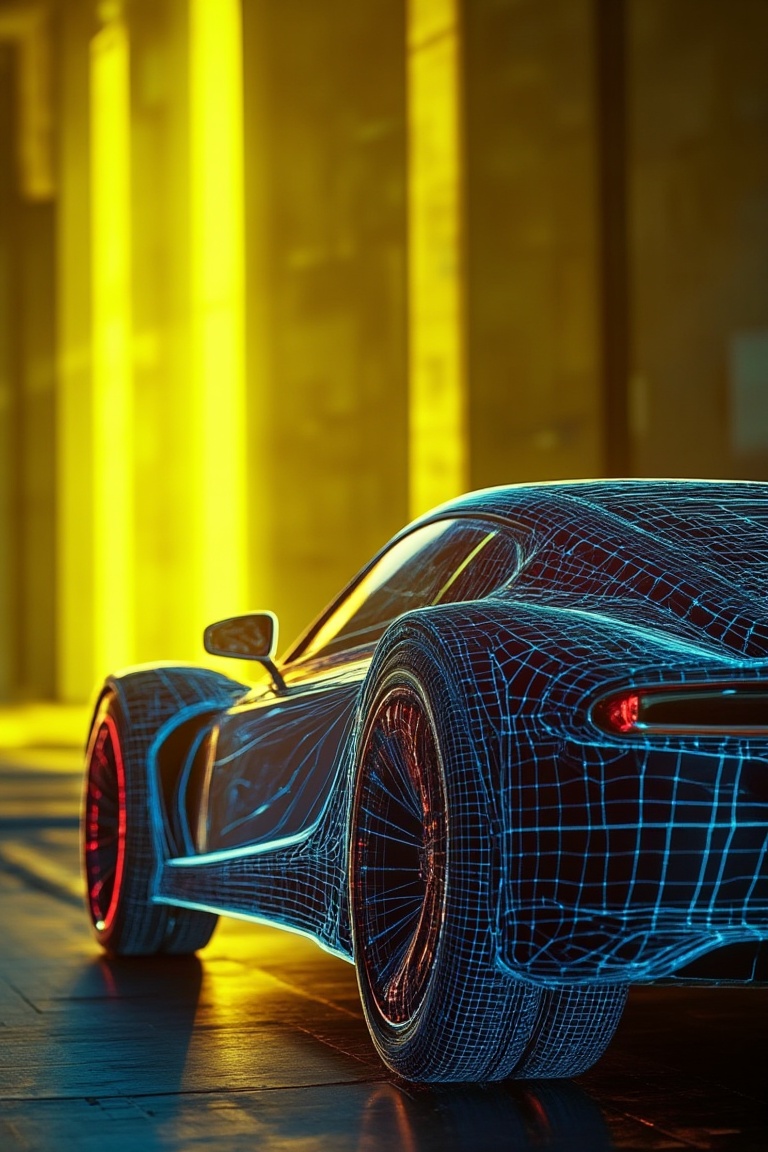 A digital wireframe rendering of a luxury car,  bathed in a soft yellow glow. The car is depicted in a sleek,  modern desi...