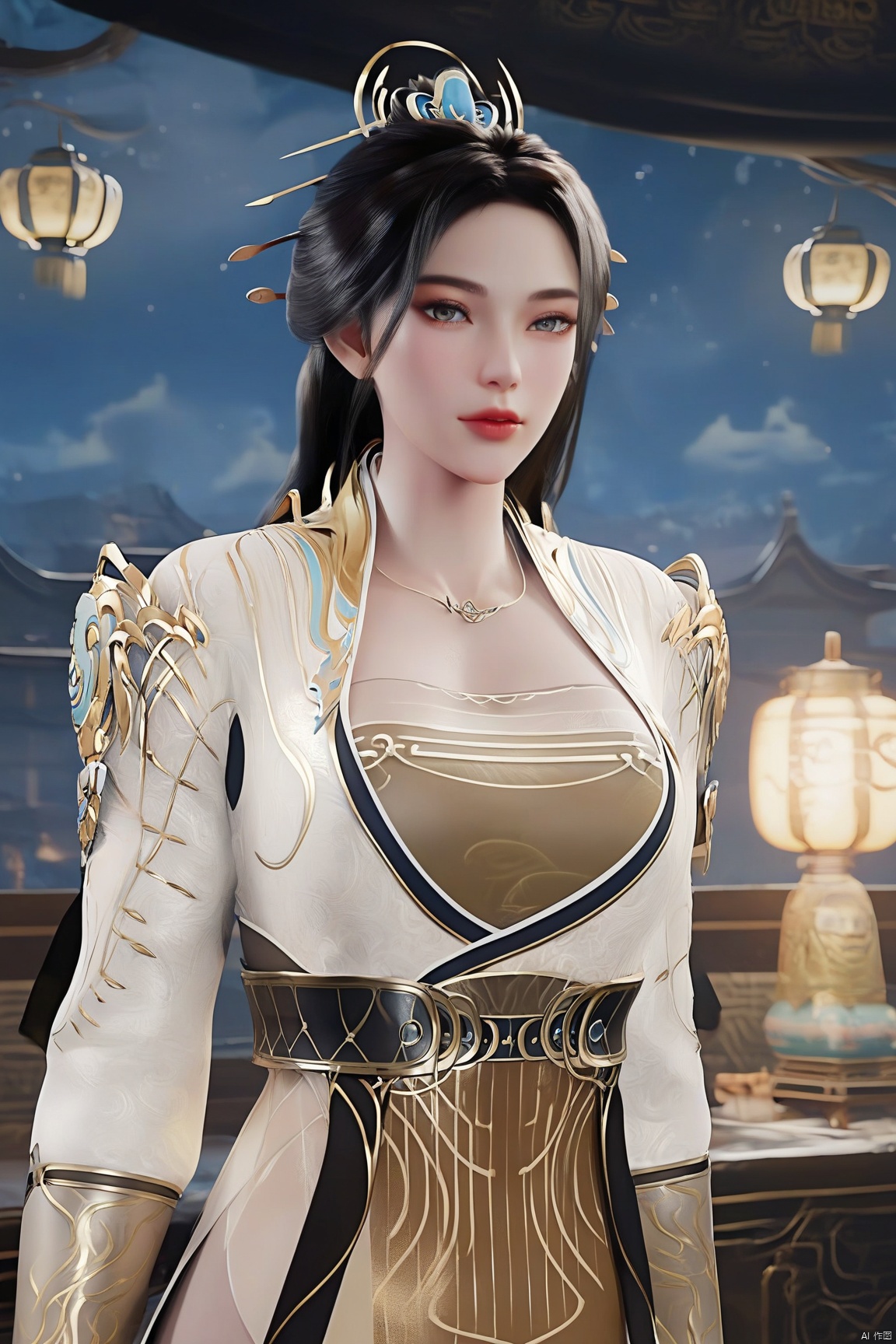 score_9, score_8_up, score_7_up,highly detailed digital, 
1girl, solo, long hair, black hair, hair ornament, long sleeves, dress, jewelry, upper body, necklace, white dress, looking at viewer, chinese clothes, 
indoors,architecture,east asian architecture, chair, vase, window,temptation,night sky,night,lantern,(rim light:1.1),available light,Cinematic Lighting,realistic,exquisite look,translucent skin,slender,
ultra detailed background,ultra realistic 8k cg, ,masterpiece,