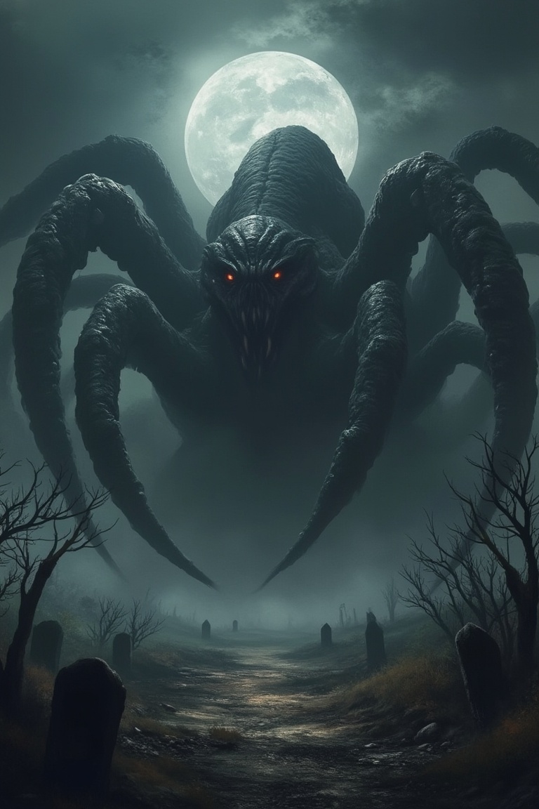 A colossal eldritch monster,  towering and grotesque,  stands ominously under a full moon during the Halloween season. The...