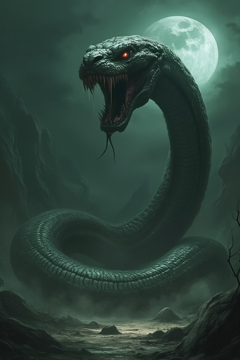 A colossal eldritch monster,  a nightmarish hybrid of a gigantic snake and a lion,  coils and roars in a desolate on Tenso...