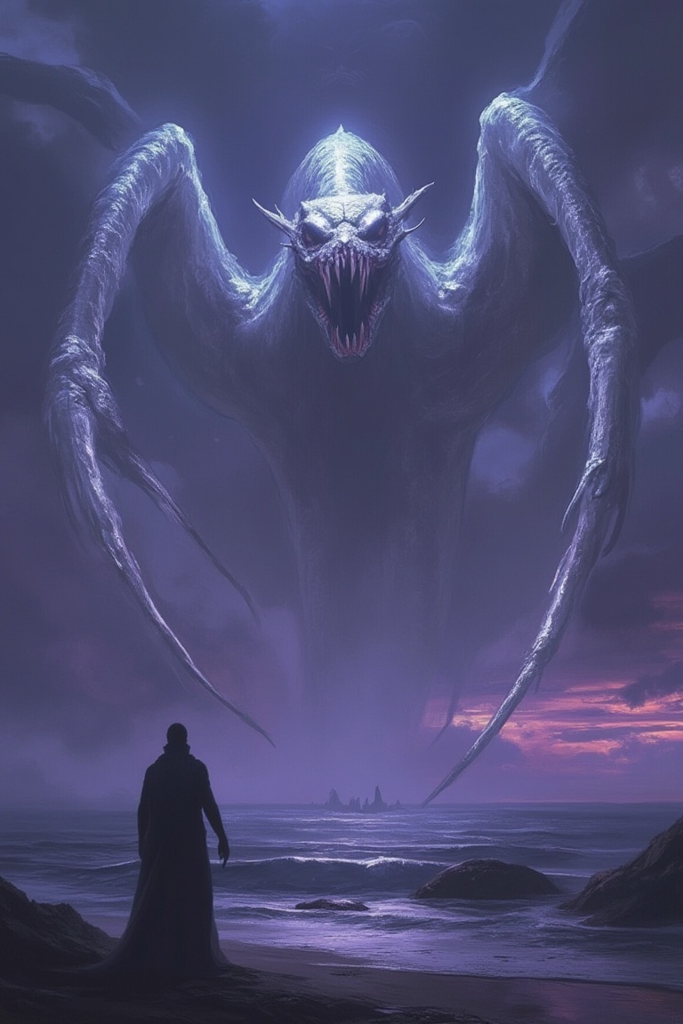 A towering eldritch monster,  a skeletal white dragon,  hovers ominously above the ocean on Tensor.Art