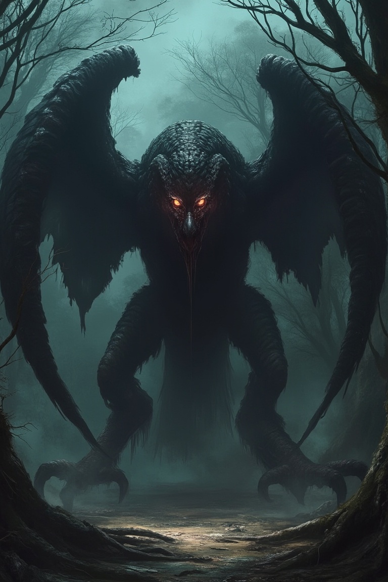 A towering eldritch monster with the body of a giant,  grotesque eagle,  its wings spread wide on Tensor.Art
