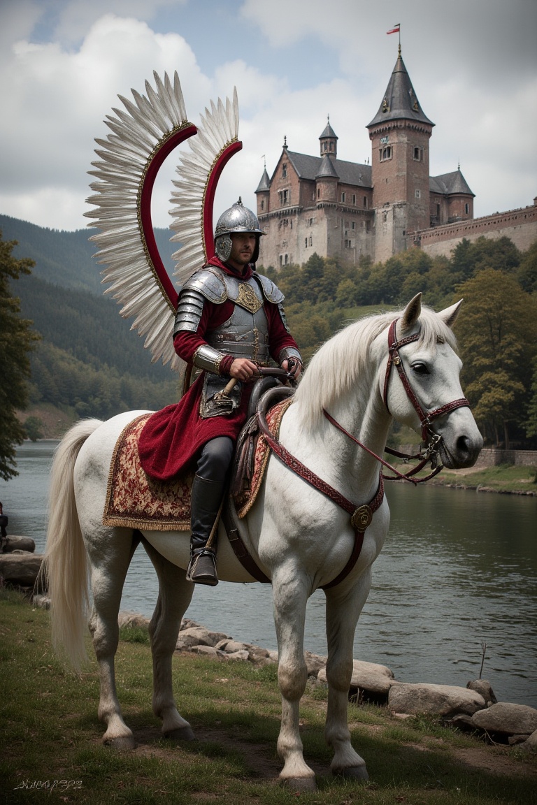 wingedhussarflux style Polish Winged Hussar sitting on a white horse. river and castle in the background on Tensor.Art