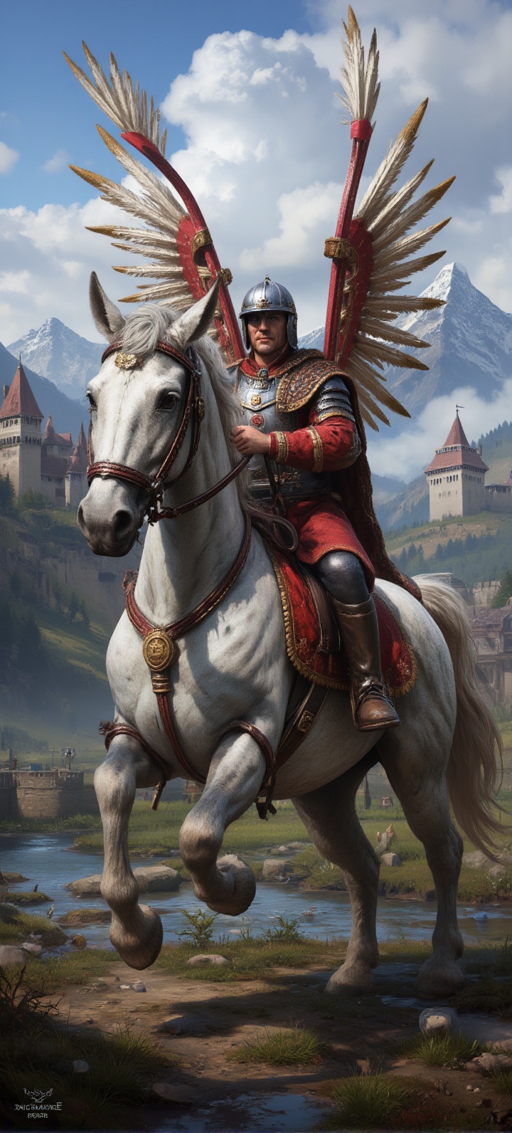 wingedhussarflux style Polish Winged Hussar sitting on a white horse. river and castle in the background on Tensor.Art