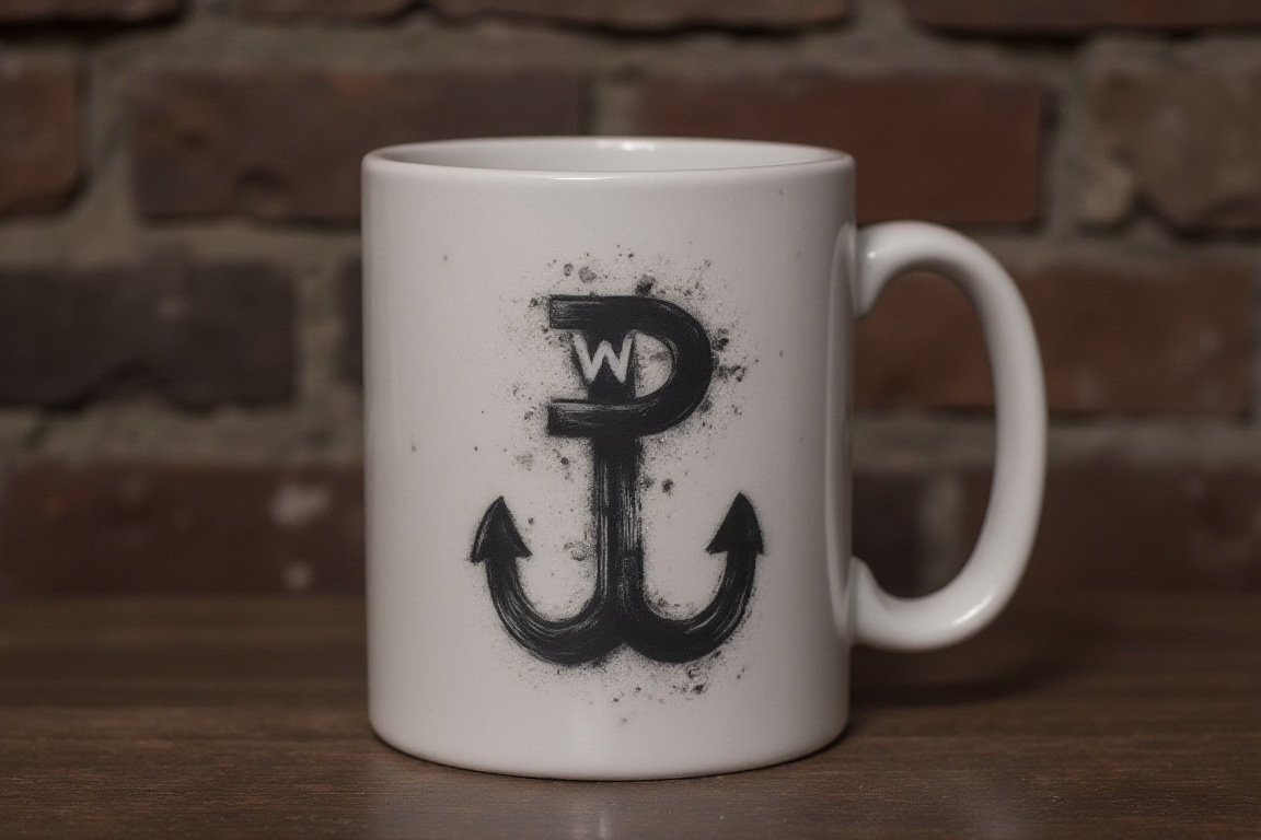 Prompt: wingedhussarflux style,  The image on the cup shows a symbol painted on a brick wall,  known as the "Kotwica" (Anc...