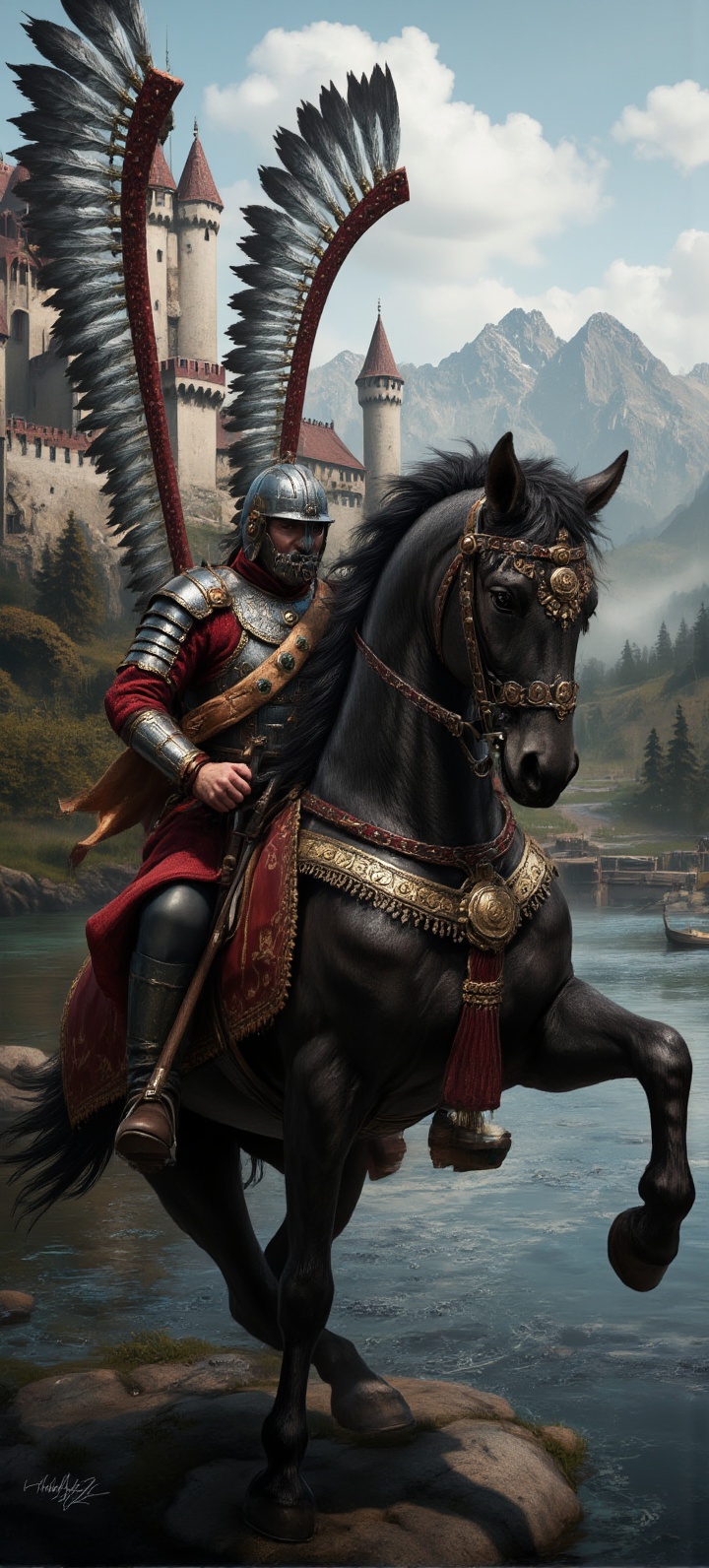 wingedhussarflux style Polish Winged Hussar sitting on a rearing black horse. river and castle in the background on Tensor...