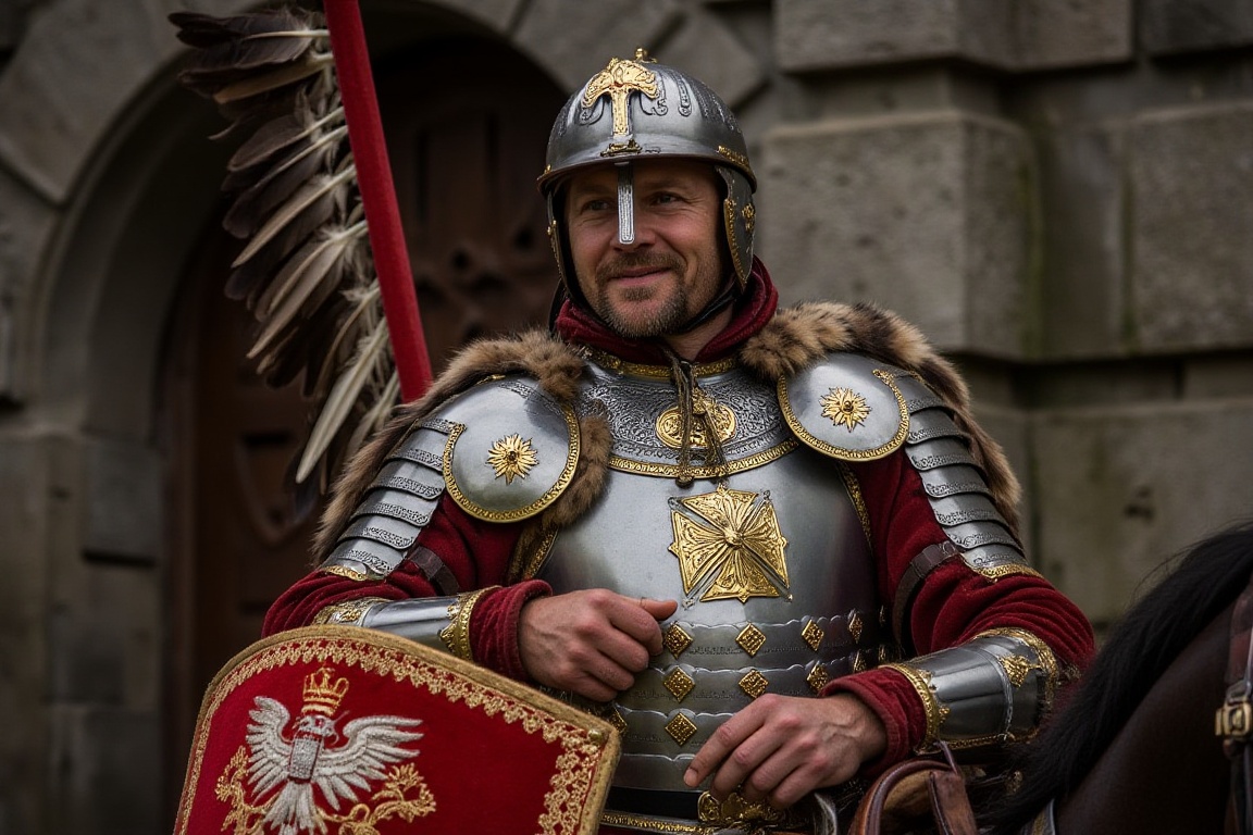 wingedhussarflux style,  The image features a Polish Winged Hussar dressed in full historical armor,  seated on a horse. T...