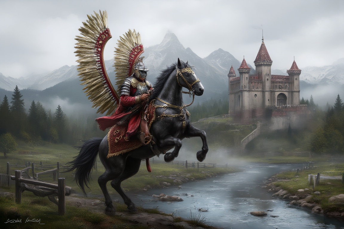 wingedhussarflux style Polish Winged Hussar mounted on a rearing black horse. river and castle in the background on Tensor...