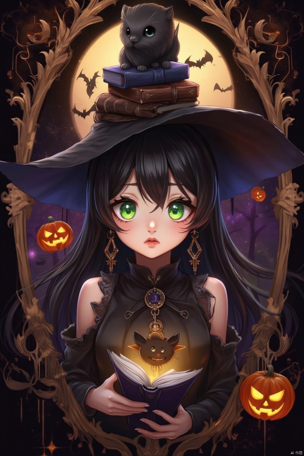 1girl, solo, long hair, looking at viewer, black hair, hat, holding, jewelry, green eyes, upper body, earrings, detached sleeves, lips, book, witch hat, animal, moon, cat, full moon, halloween, jack-o'-lantern, on head, witch, pumpkin, bat \(animal\), animal on head, black cat, book stack, cat on head
