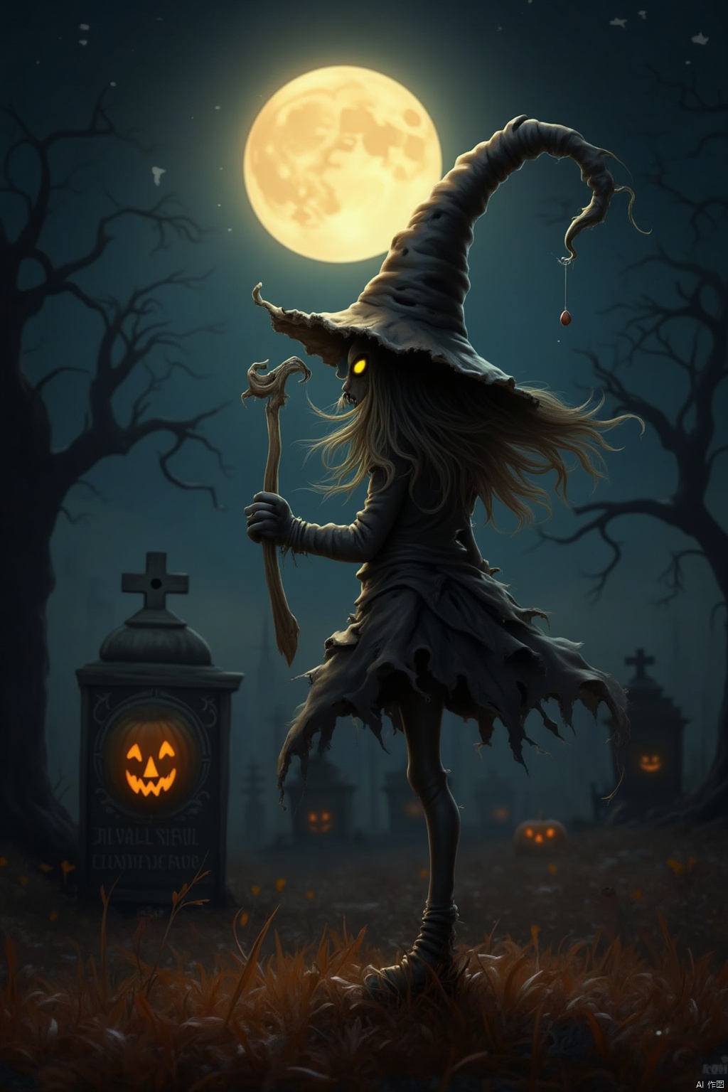 A lone figure stands beneath the glowing light of a full moon, her long hair blowing gently in the night breeze. She wears a pointed witch's hat and black gloves, torn clothing clinging to her lithe form. A staff in hand, she gazes out at a bare tree, where a jack-o'-lantern glows like an eerie lantern. In the distance, a tombstone bears an inscription that seems to pulse with an otherworldly energy. Her eyes aglow, she casts a spell under the watchful gaze of the moon.