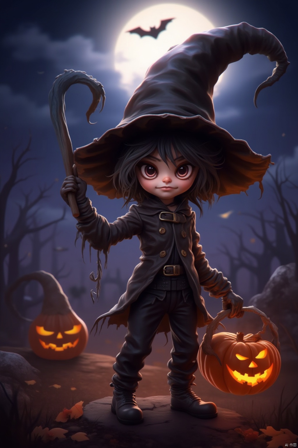 solo, gloves, 1boy, hat, holding, standing, male focus, boots, outdoors, sky, black gloves, belt, pants, cloud, witch hat, night, glowing, bird, moon, 1other, full moon, halloween, jack-o'-lantern, pumpkin, bat \(animal\)
