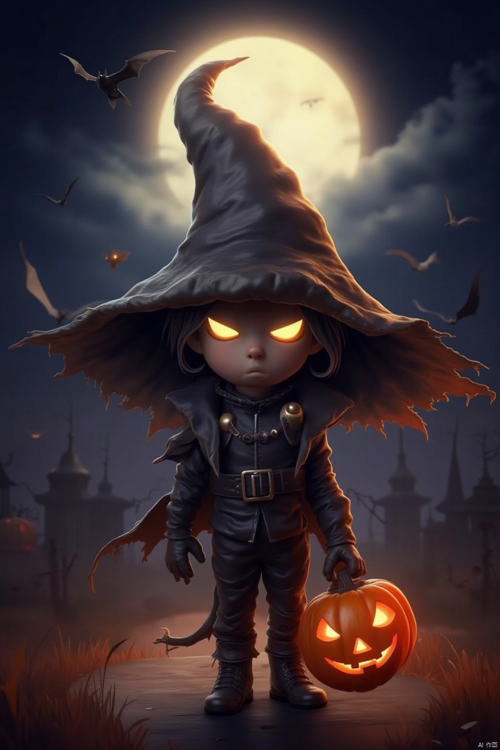 solo, gloves, 1boy, hat, holding, standing, male focus, boots, outdoors, sky, black gloves, belt, pants, cloud, witch hat, night, glowing, bird, moon, 1other, full moon, halloween, jack-o'-lantern, pumpkin, bat \(animal\)
