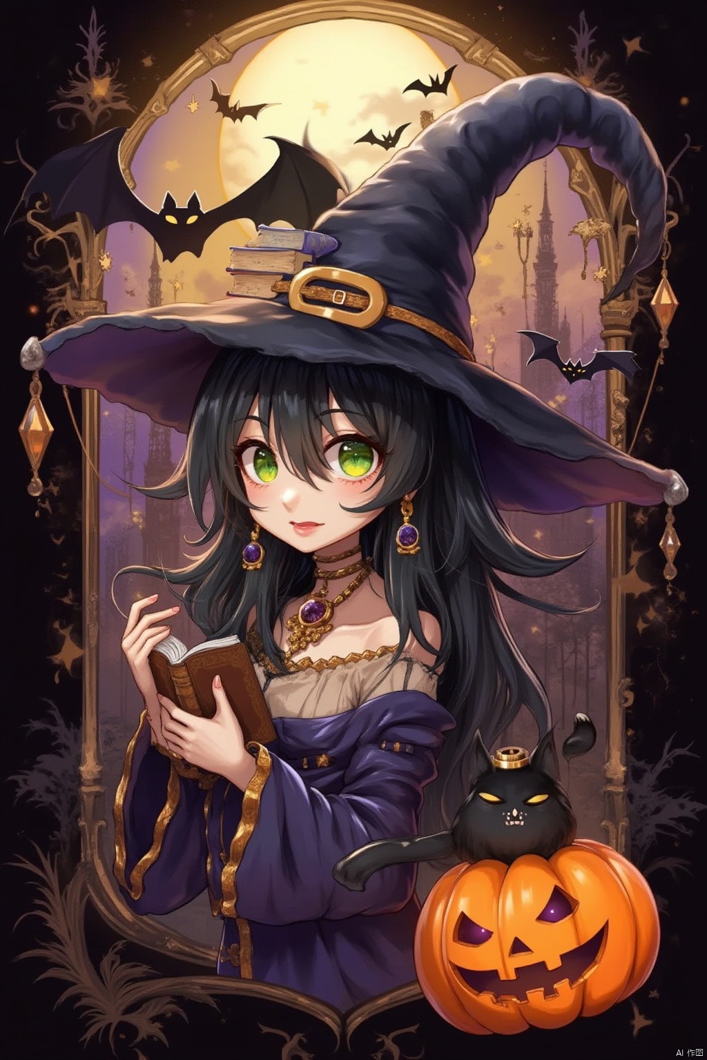 1girl, solo, long hair, looking at viewer, black hair, hat, holding, jewelry, green eyes, upper body, earrings, detached sleeves, lips, book, witch hat, animal, moon, cat, full moon, halloween, jack-o'-lantern, on head, witch, pumpkin, bat \(animal\), animal on head, black cat, book stack, cat on head
