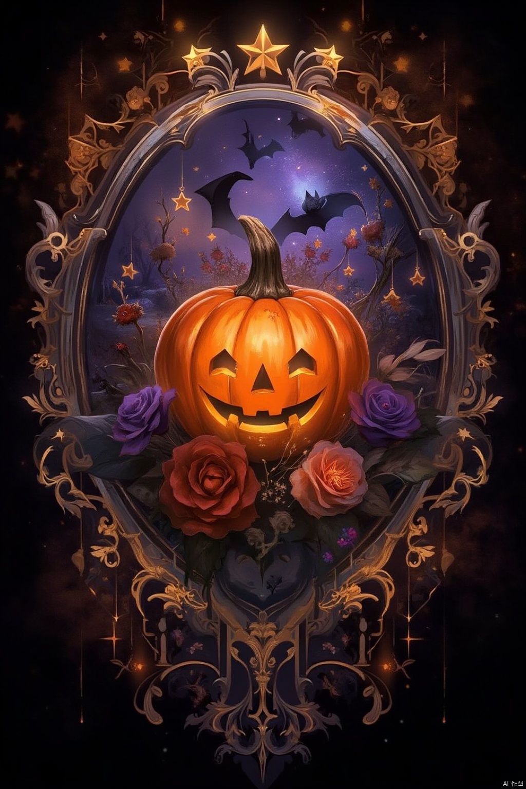 flower, star \(symbol\), no humans, rose, halloween, jack-o'-lantern, pumpkin, bat \(animal\)
