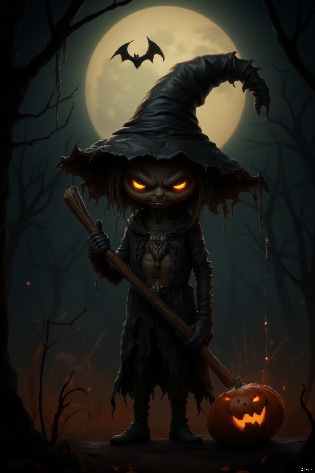 A lone figure stands tall, shrouded in mystery. The boy's face is obscured by a black witch's hat, while his torso bears the scars of torn clothing. Black gloves grasp a wooden staff, its tip glowing with an otherworldly light. His eyes burn bright, illuminated by the full moon hanging low in the darkened sky. A jack-o'-lantern's grin seems to mock him from beneath the branches of a bare tree, as a bat takes flight above. The air is heavy with the scent of pumpkin and the promise of Halloween magic.