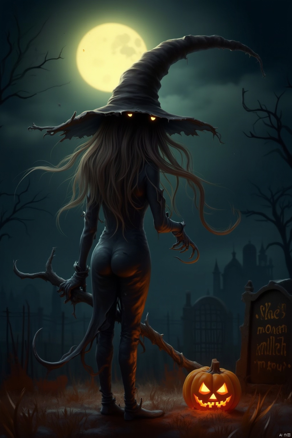 A lone figure stands beneath the glowing light of a full moon, her long hair blowing gently in the night breeze. She wears a pointed witch's hat and black gloves, torn clothing clinging to her lithe form. A staff in hand, she gazes out at a bare tree, where a jack-o'-lantern glows like an eerie lantern. In the distance, a tombstone bears an inscription that seems to pulse with an otherworldly energy. Her eyes aglow, she casts a spell under the watchful gaze of the moon.