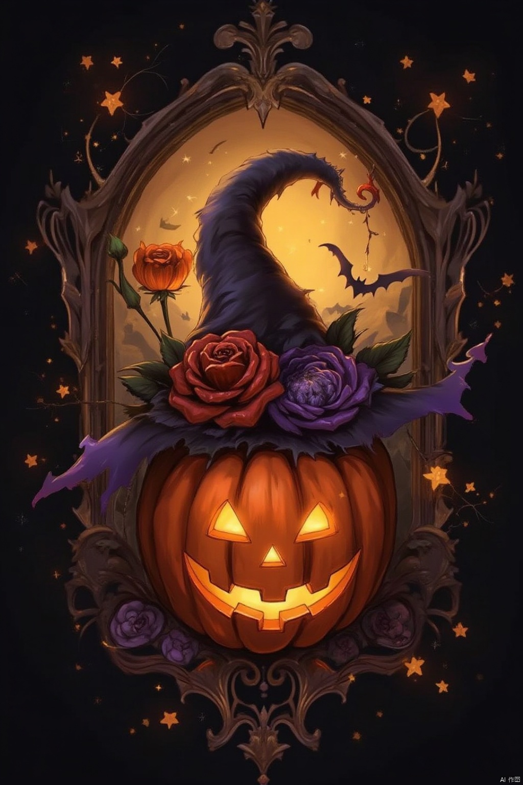 flower, star \(symbol\), no humans, rose, halloween, jack-o'-lantern, pumpkin, bat \(animal\)