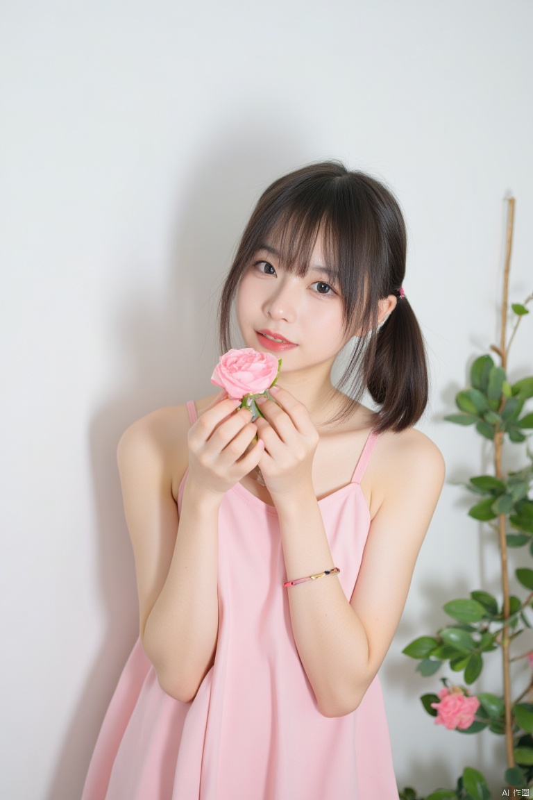 a medium-angle shot captures a young Asian woman in a pink dress, adorned with a pink rose in her hands. Her hair is pulled back in a ponytail, adding a pop of color to her face. Her lips are painted a vibrant shade of pink, and her eyes are a piercing blue. The woman's hair is a light brown, and she is wearing a pair of pink lipstick. She is positioned in front of a white wall, with a shadow cast on the left side of the image. To the right of the woman, there is a green plant with leaves and pink flowers.