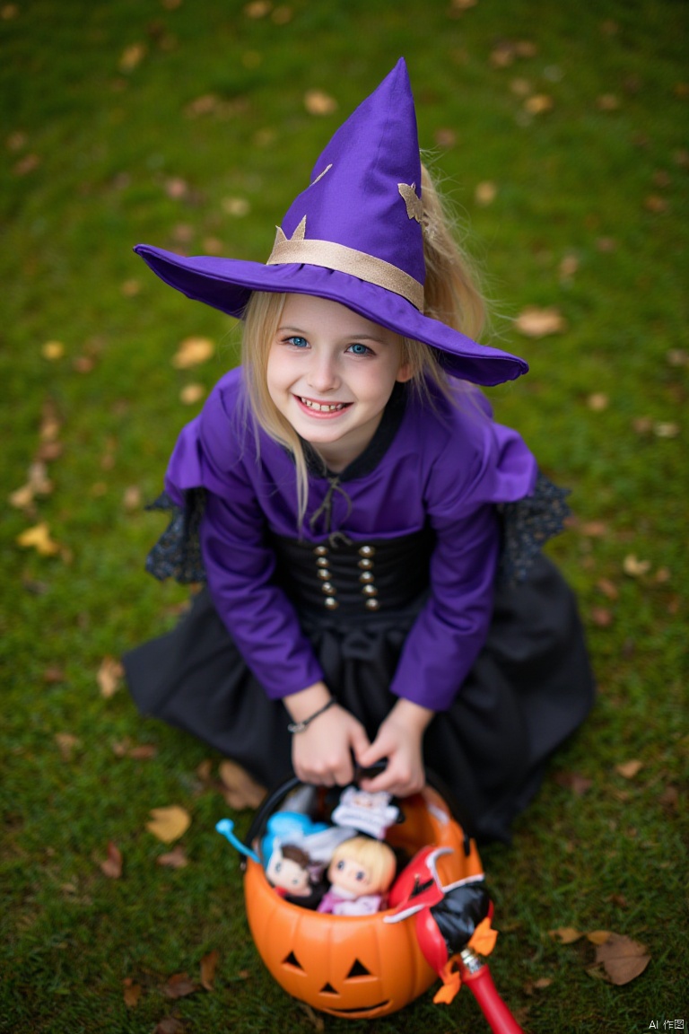 A high-angle shot captures a young girl in a Halloween costume. She is dressed in a purple corset and a purple witch hat. Her costume is adorned with a black lace skirt and a black corset belt. Her blonde hair is pulled back in a ponytail. Her eyes are blue and she is smiling. Her right hand is holding a pumpkin basket filled with a variety of Halloween toys. The pumpkin is carved with a jack-o-lantern face. The basket is held by a black handle. The background is a lush green grass with fallen leaves.