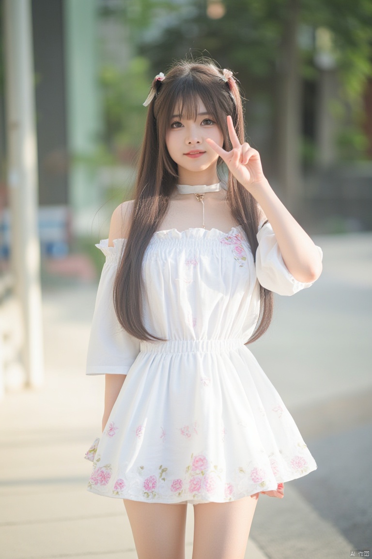 a sunny day, a young woman. She is dressed in a white off-the-shoulder blouse with a white skirt adorned with pink and white flowers. She is making a peace sign with her left hand. Her hair is long and cascades over her shoulders. adding a pop of color to her outfit. a shadow on the ground beneath her, adding depth to the scene.