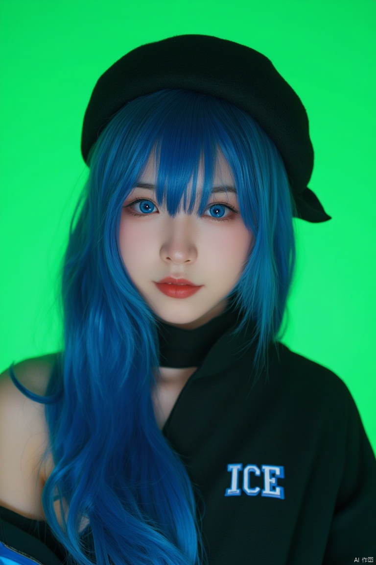 a girl with long blue hair, wearing a black hat with a blue ribbon around the brim and a black band. She is dressed in a black and blue outfit with a white patch on the chest that reads "ICE" in white letters. Her eyes are a piercing blue, and her hair is a vibrant shade of blue. Her hair is tied in a ponytail, adding a pop of color to the scene. The backdrop is a stark green, creating a striking contrast to her outfit.