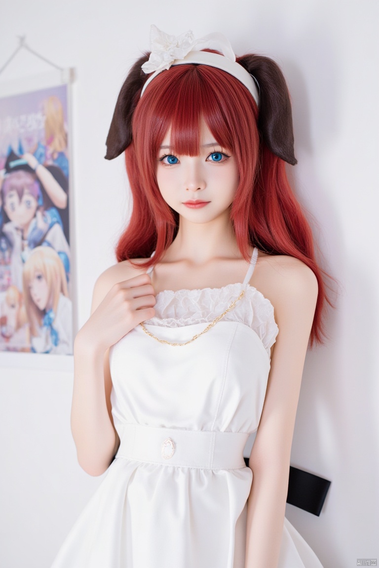a woman, dressed in a white dress with a black ribbon tied around her waist. Her hair is a vibrant shade of red, and her eyes are a piercing blue. The doll's head is adorned with a white headband, adorned with two brown ears, adding a pop of color to the scene. a poster of anime characters can be seen. The backdrop is a stark white wall,