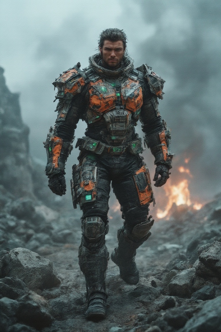An imposing,  masculine figure emerges from a scene of fractured rock formations and glowing embers,  dressed in a fusion...
