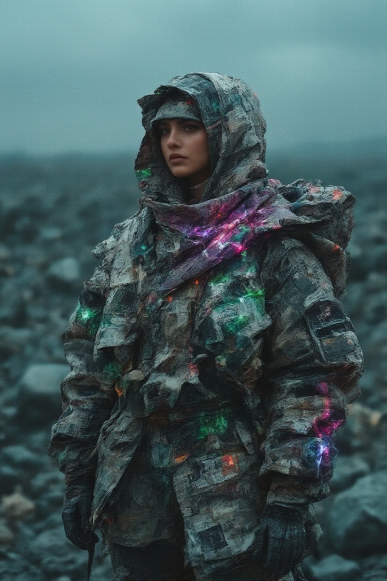 A powerful female figure with a hijab,  adorned in sleek,  high-tech hacker gear fused with bajukertas rugged sci-fi armor...