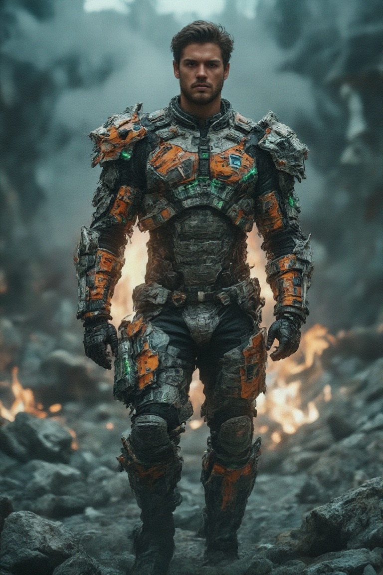 An imposing,  masculine figure emerges from a scene of fractured rock formations and glowing embers,  dressed in a fusion...