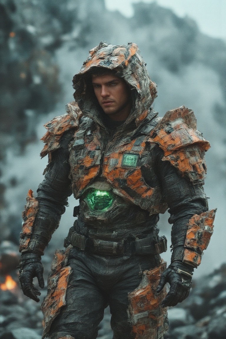 An imposing,  masculine figure emerges from a scene of fractured rock formations and glowing embers,  dressed in a fusion...