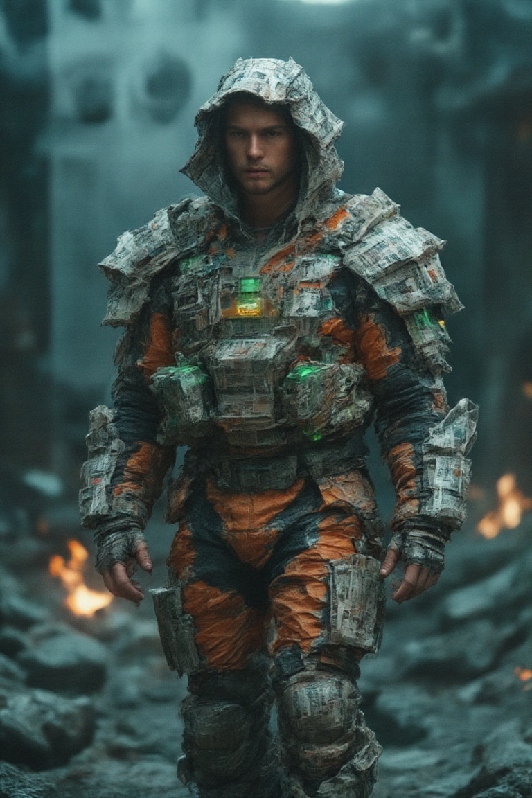 An imposing,  masculine figure emerges from a scene of fractured rock formations and glowing embers,  dressed in a fusion...