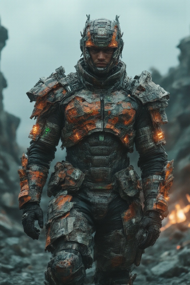 An imposing,  masculine figure emerges from a scene of fractured rock formations and glowing embers,  dressed in a fusion...