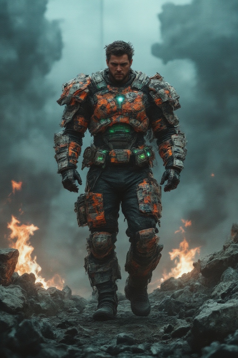 An imposing,  masculine figure emerges from a scene of fractured rock formations and glowing embers,  dressed in a fusion...