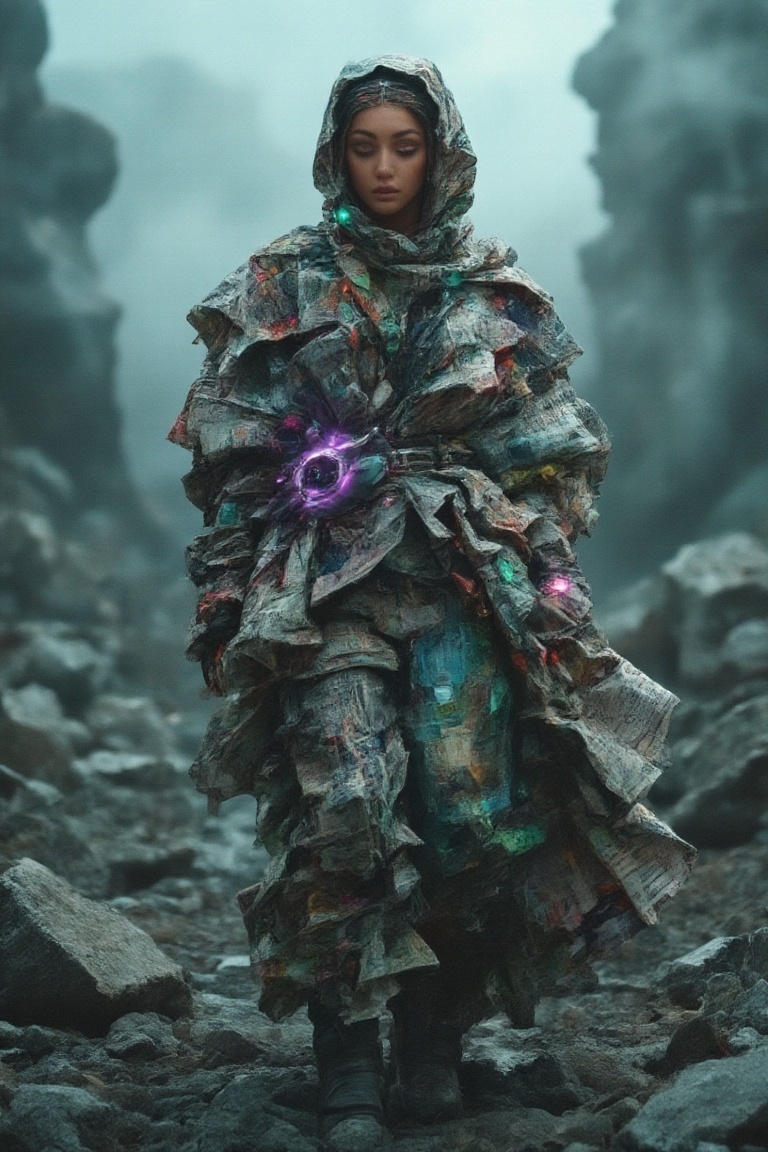 A powerful female figure with a hijab,  adorned in sleek,  high-tech hacker gear fused with bajukertas rugged sci-fi armor...