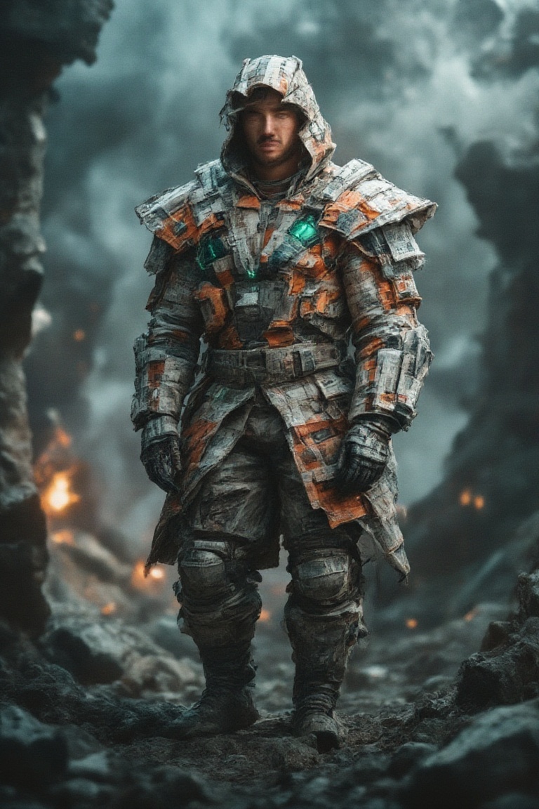 An imposing,  masculine figure emerges from a scene of fractured rock formations and glowing embers,  dressed in a fusion...