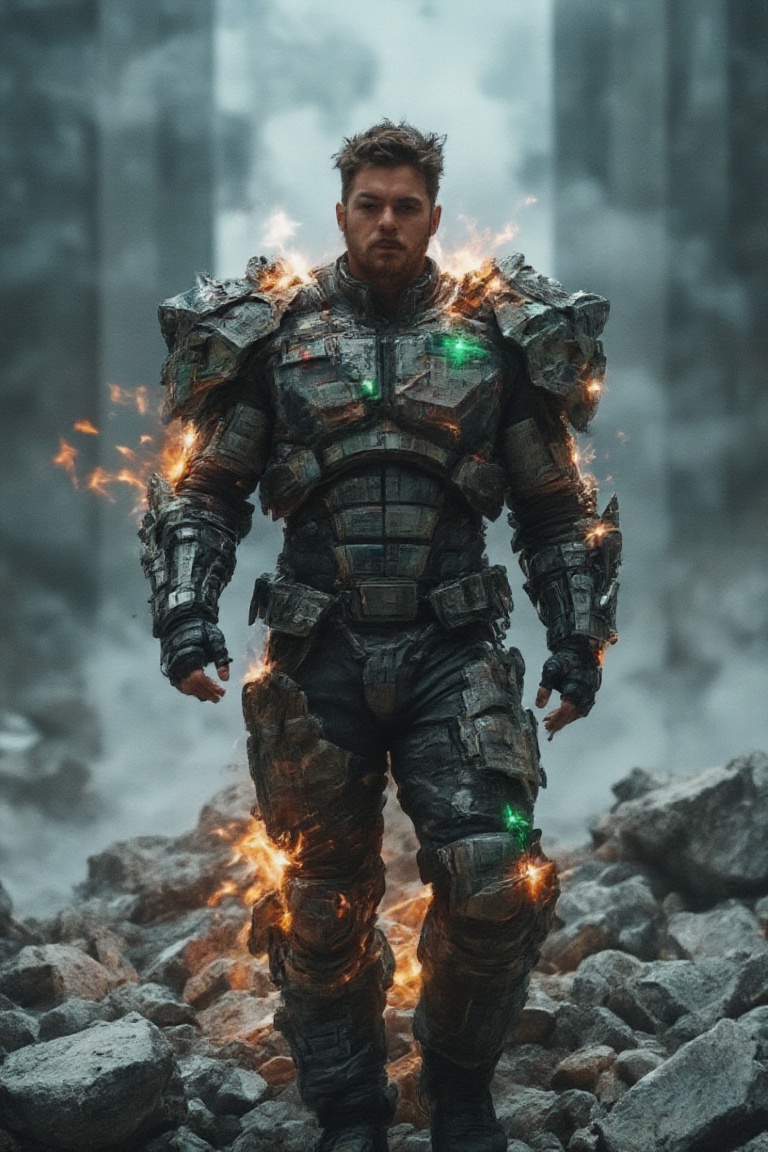 An imposing,  masculine figure emerges from a scene of fractured rock formations and glowing embers,  dressed in a fusion...