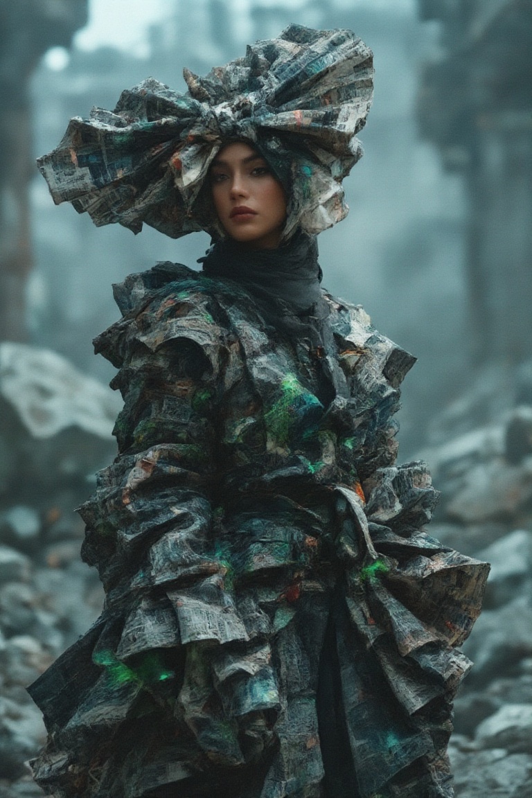 A powerful female figure with a hijab,  adorned in sleek,  high-tech hacker gear fused with bajukertas rugged sci-fi armor...